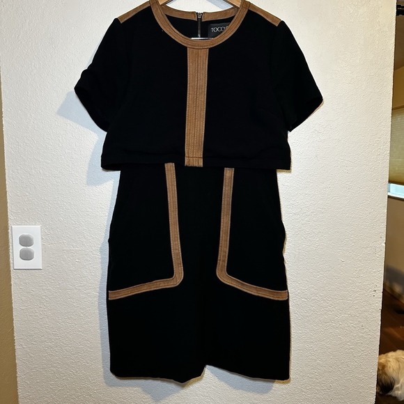 Toccin Women's 12 Two-Tone Faux Suede Short Sleeve Overlay Dress Black Sheath - Picture 2 of 12